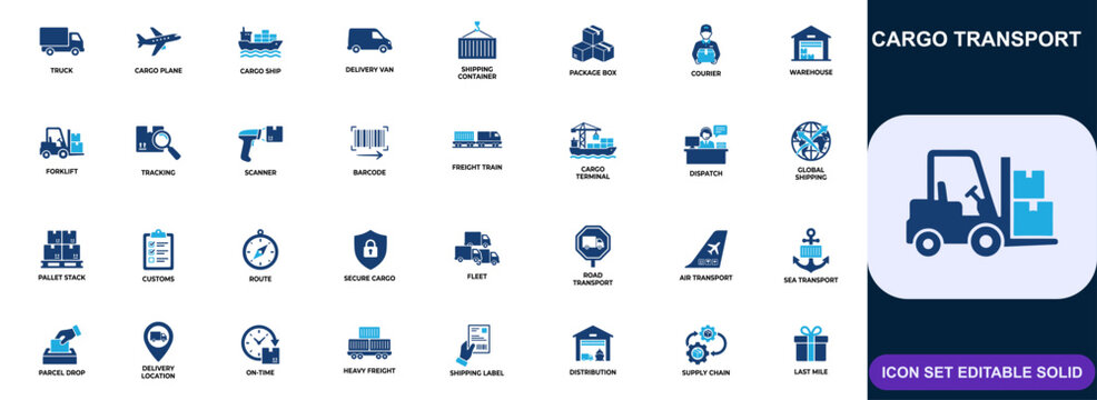 Cargo transport and logistics icon set. Shipping, delivery, freight, courier, warehouse, distribution, tracking, fleet management. Editable icons collection. Vector.