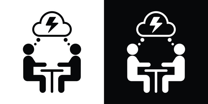 Two people at a T-shaped table discussing under a lightning cloud symbol. Vector illustration.