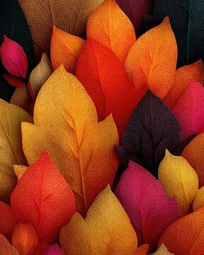 Artistic warm colored fall leaves textured composition.