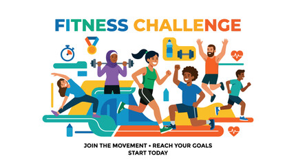 Naklejka premium Fitness Challenge Diverse People Running and Exercising