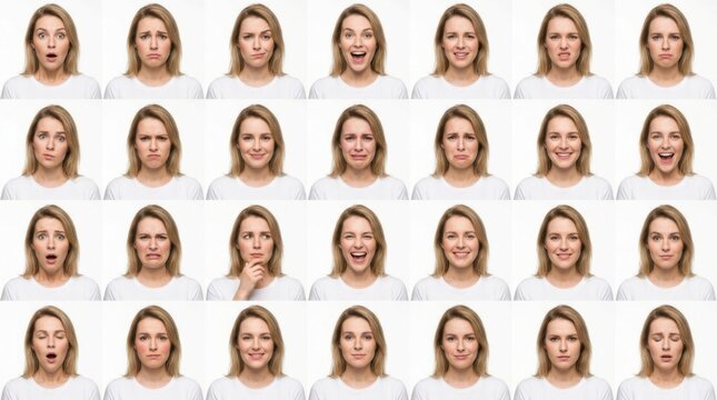 Portrait grid of diverse facial expressions in neutral studio lighting