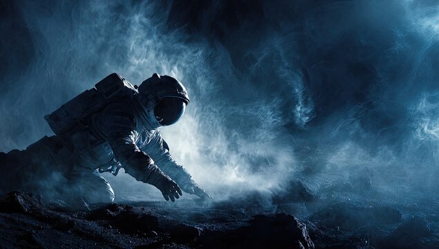 Astronaut exploring mysterious deep blue gaseous planet surface.