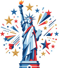 Obraz premium Stylized Vector Illustration of a Patriotic American Landmark with Radiant Geometric Stars and Decorative Festive Elements