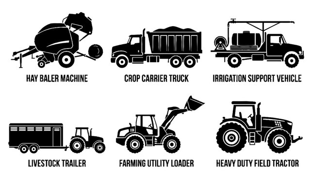 Set of silhouettes representing various agricultural machinery and farm equipment.