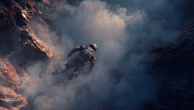 Astronaut floating in colorful nebula gas clouds.