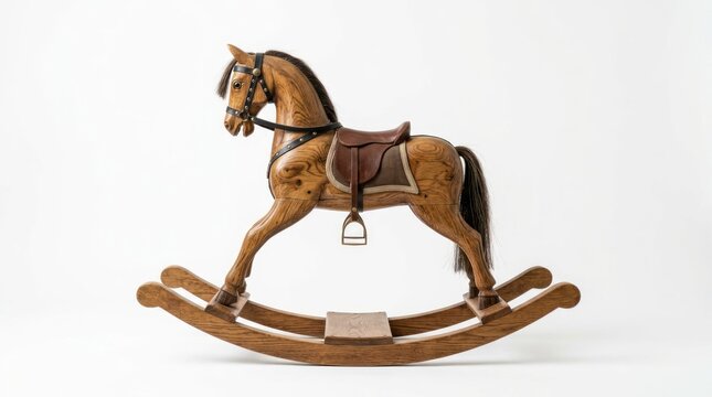 Vintage wooden rocking horse with leather saddle and dark mane displayed on white background