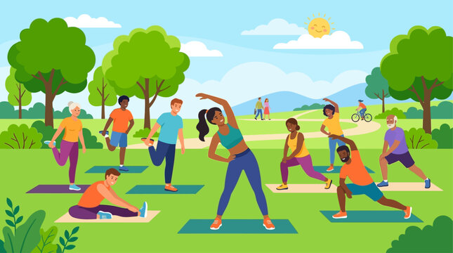 Groupe de personnes diverses faisant du yoga et des exercices de fitness dans un parc public ensoleill&eacute;.