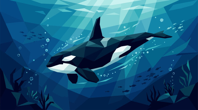 Illustration vectorielle d'une orque nageant dans un oc&eacute;an bleu profond avec un style g&eacute;om&eacute;trique.