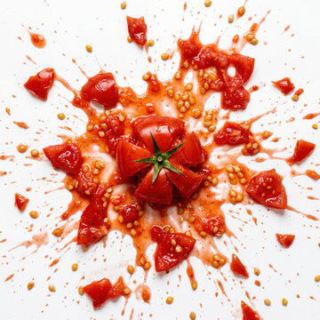 Crushed ripe tomato splash from top view, messy culinary food concept