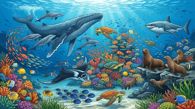 Une illustration vibrante et d&eacute;taill&eacute;e de la vie sous-marine avec divers animaux marins dans un r&eacute;cif corallien color&eacute;.