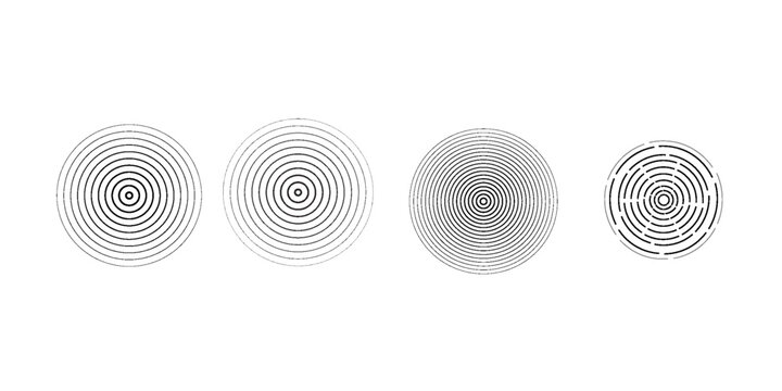 Black radial circle set. Sonar or sound wave ring collection. Halftone and linear epicentre, target, radar icon concept. Ripple concentric signal vibration elements. Vector dashed and dotted symbols
