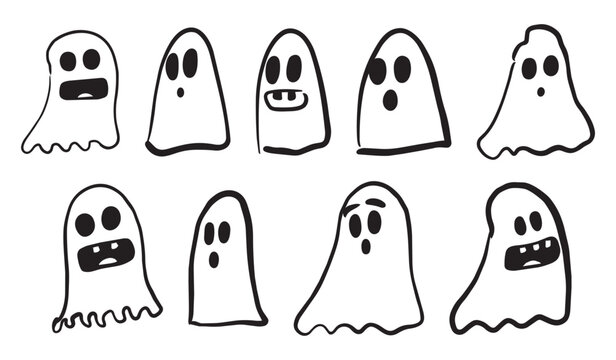 set of hand drawn doodle cute ghost vector silhouette