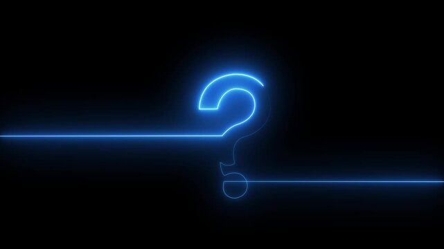 Neon blue question mark symbol glowing on dark background, for business and, technology concepts