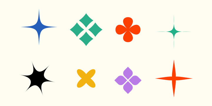 Abstract stars and flowers shapes collection. Primitive geometric forms set in Swiss or bauhaus style. Brutalist elements pack for posters, banners, collages. Big bundle of vector signs.
