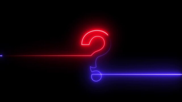 Neon question mark sign pulsing with electric red and blue light lines on black background