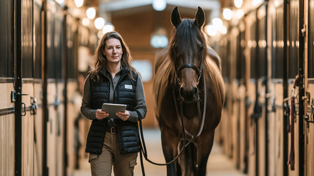 Professional equine veterinarian standing with a horse in a stable, representing horse healthcare, veterinary services, animal welfare, medical examination, breeding and equestrian management