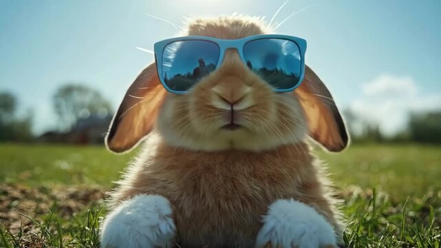 Adorable rabbit wearing sunglasses relaxing outdoors in sunny park. Easter, Pascha, Paskha, Ostern, Pascua, Paques - Orthodox and Catholic Holiday celebration