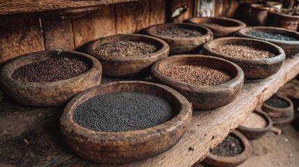 Fototapeta premium Assorted Spices in Rustic Bowls on Wooden Display Table Surface