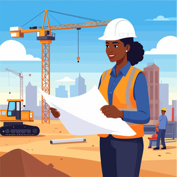 Ing&eacute;nieure en b&acirc;timent souriante examinant des plans sur un chantier de construction avec une grue.