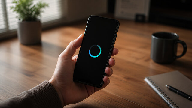 Hand Holding Smartphone with Loading Ring Icon Progress on Screen in Cozy Room. Concept of Slow Internet, Software Update, Data Buffering, System Booting, Waiting, Network Delay, and Processing.