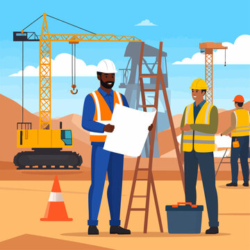 Illustration vectorielle d'ouvriers du b&acirc;timent travaillant sur un chantier de construction avec des grues.