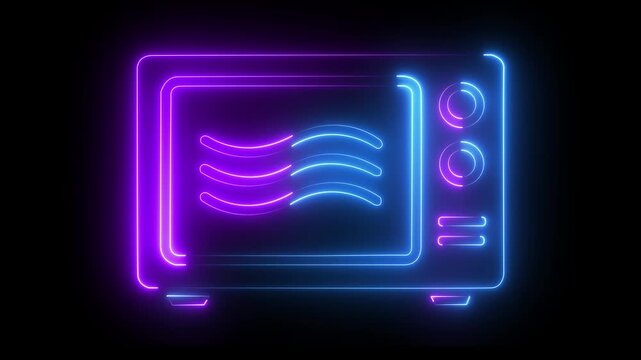 Neon microwave oven glowing with pulsing blue and purple light animation