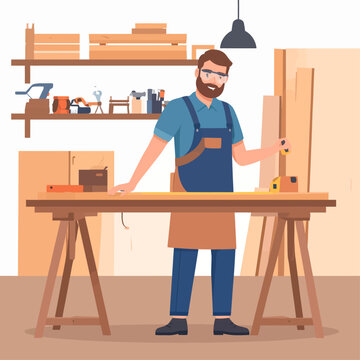 Un menuisier professionnel travaillant sur son &eacute;tabli dans un atelier de bois bien &eacute;quip&eacute;.
