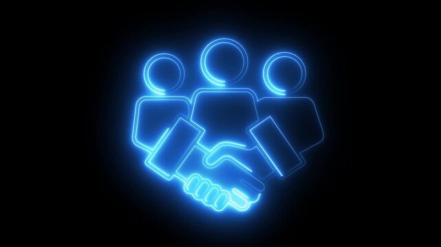 Glowing neon handshake representing business partnership and teamwork collaboration