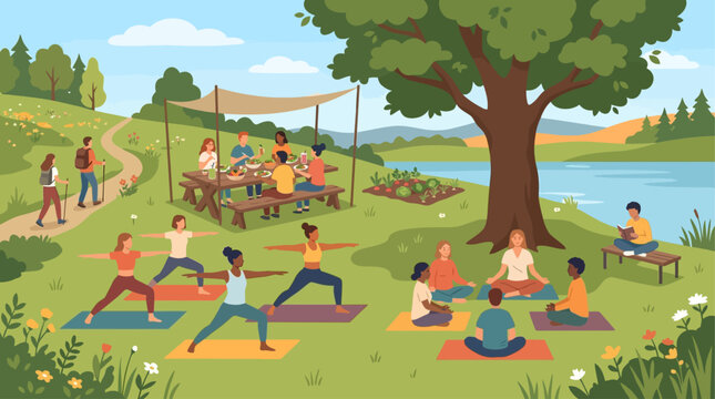 Illustration vectorielle de personnes pratiquant le yoga et se relaxant dans un parc public en plein air.