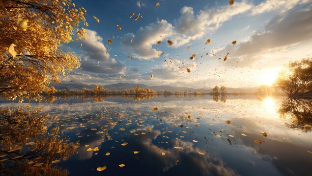 Autumn leaves falling over calm lake at sunset.