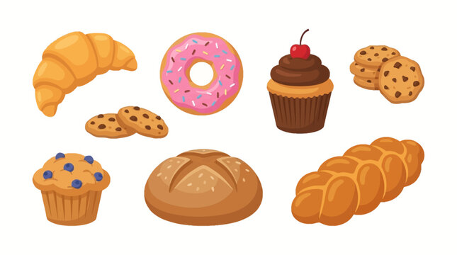 Ensemble d'illustrations vectorielles de d&eacute;licieuses p&acirc;tisseries et produits de boulangerie vari&eacute;s.