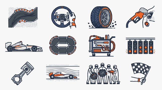 Industrial Set of Racing Car Components and Maintenance Tools in Blue Orange and Gray with high quality professional line art symbols for modern creative design and digital branding projects