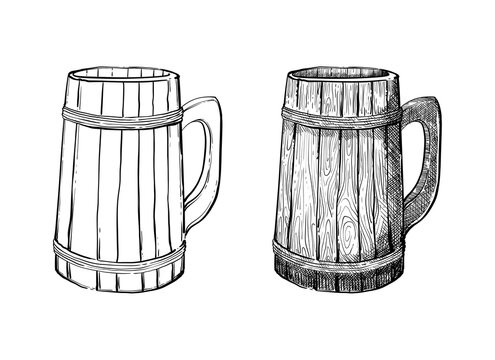 Hand drawn of wooden beer stein line art detail sketch style 