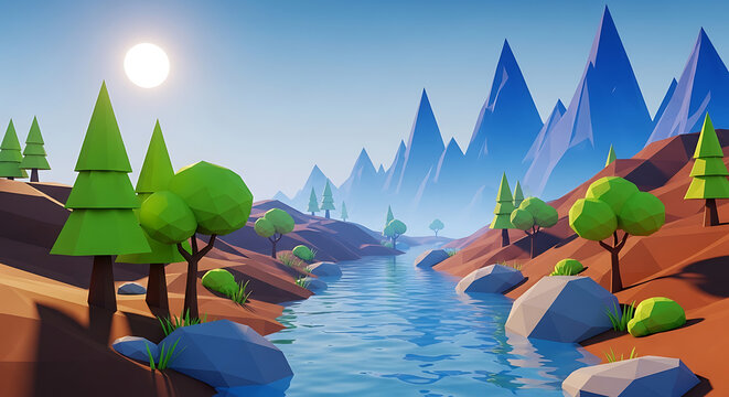Low poly cartoon landscape with mountains river and trees landscape mountain stylized environmental adventure panoramic wilderness