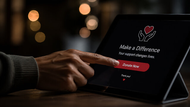 Person clicking a red donate now button on a digital tablet computer screen for charity campaign contribution