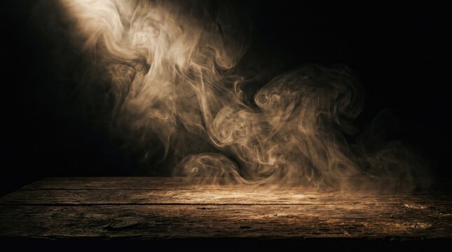 Spooky halloween background with smoke on wooden table