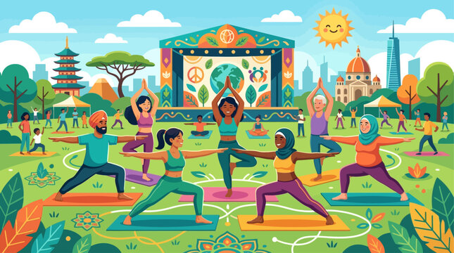 Groupe diversifi&eacute; de personnes pratiquant le yoga en plein air dans un parc urbain.
