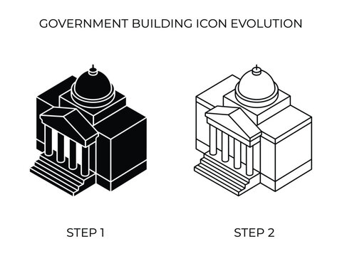 Government building icon evolution steps in isometric design process