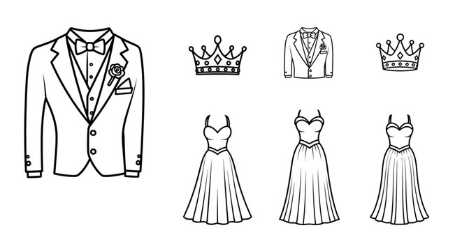 Elegant outlines tuxedos dresses and crowns for formal occasions