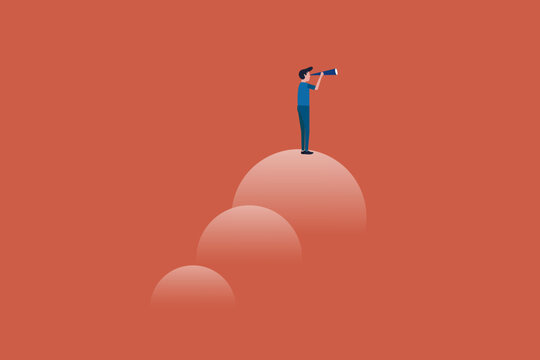 Businessman with telescope looking for future visionary. concept of Successful and fearless, leadership, challenges and achievements