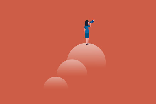 Business woman with telescope looking for future visionary. concept of Successful and fearless, leadership, challenges and achievements