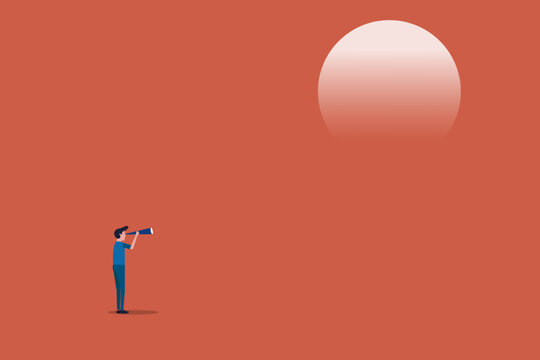 Businessman with telescope looking for future visionary. concept of Successful and fearless, leadership, challenges and achievements