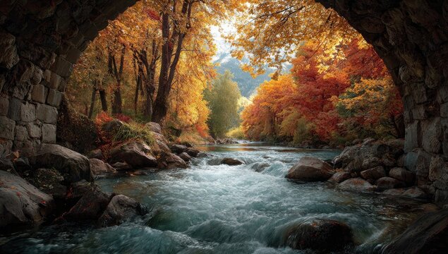 Autumn river landscape framed by stone cave arch.