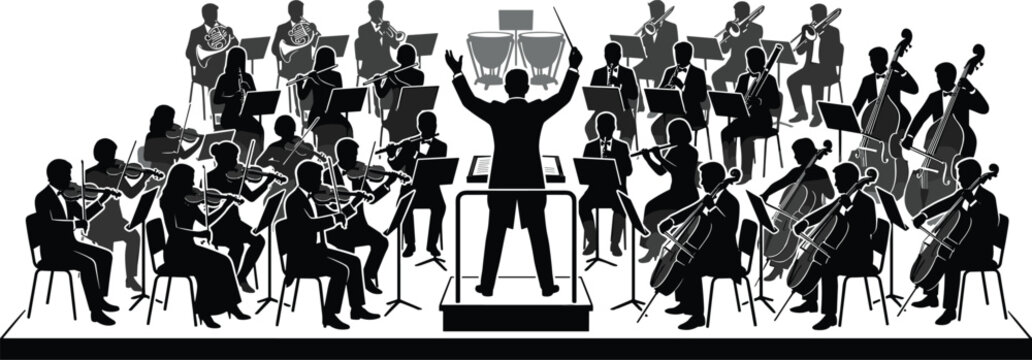 Symphony orchestra musicians silhouette with a conductor leading classical music concert performance on stage isolated vector illustration