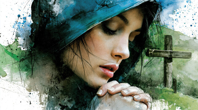 Young Woman Praying in Nature Watercolor Art AI Generative