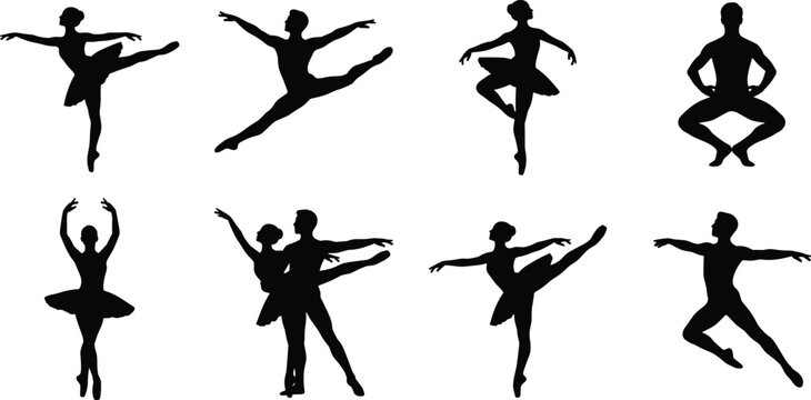 Classical ballet and dance silhouette icon set featuring male and female dancers performing graceful poses and jumps