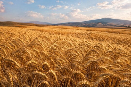 A field of mature golden emmer wheat swaying in the wind under a soft sky, wide shot with depth.