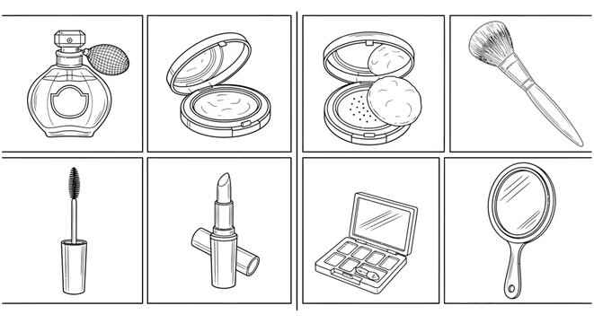 Cosmetics collection perfume compact brush mascara lipstick and mirror