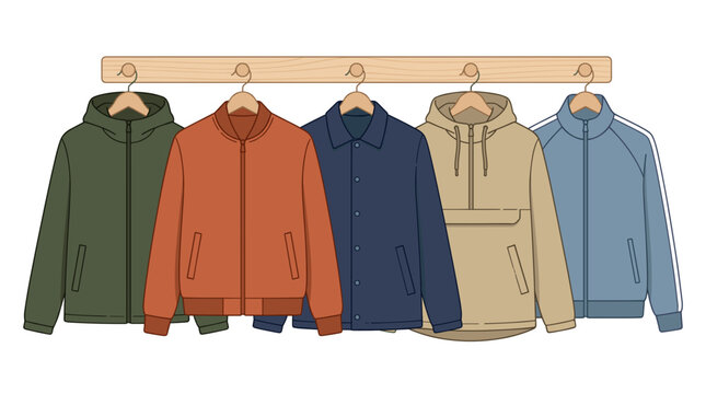 Collection of five stylish jackets in various colors and styles hanging on a wooden rack