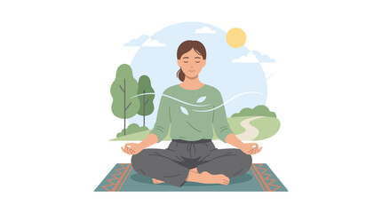 Fototapeta premium Woman meditating peacefully outdoors in a serene natural landscape with trees and a winding path